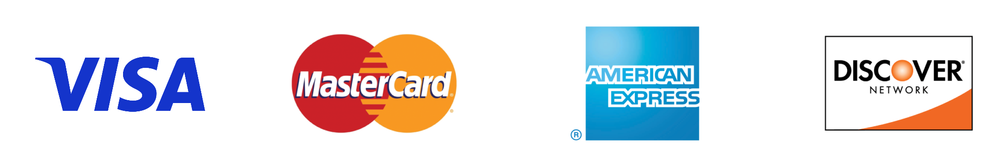 Visa, Mastercard, American Express and Discover credit card logos.