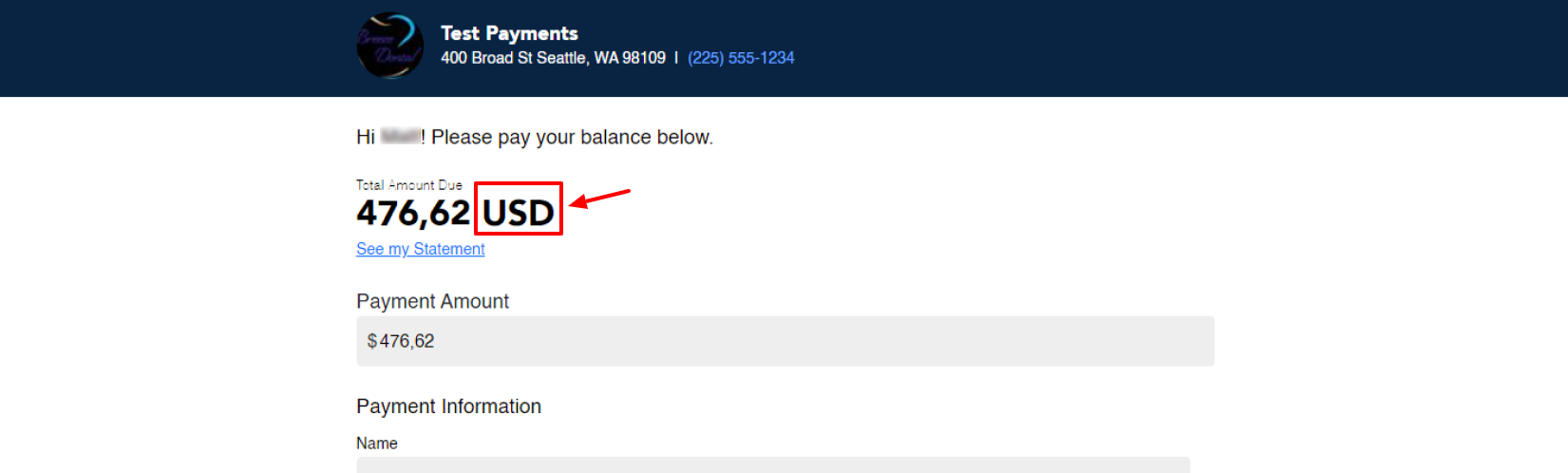 A example of a checkout page with United States Dollars (USD) highlighted.
